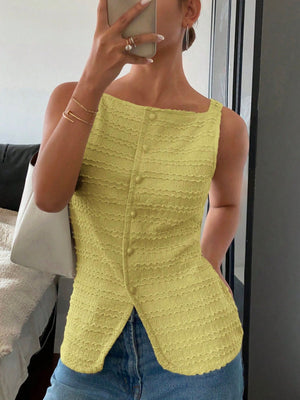 Yellow wavy textured button-front tank top with square neckline.