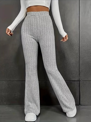 Ribbed high-waist flare maternity pants in heather grey, featuring a comfortable knit and a flattering wide leg.