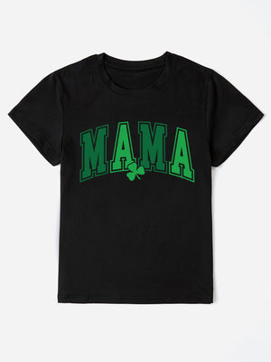 Black Mama graphic t-shirt with green shamrock and varsity text