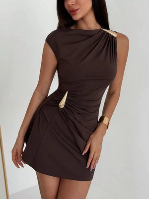 Ruched Asymmetrical Sleeveless Mini Dress in White, fabric detail