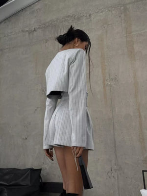 Pinstripe Cropped Blazer And Pleated Shorts Set in Light Gray, back view