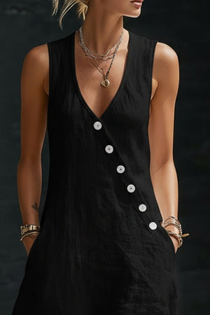 Black asymmetrical button-down midi dress with V-neck and sleeveless cut.