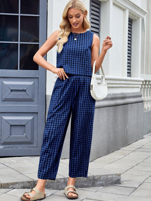 Navy gingham cropped tank and wide leg pant set with crew neck and elastic waist.