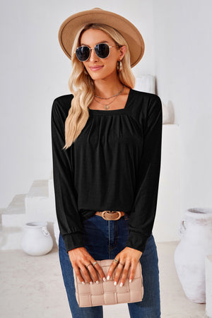 Black jersey top with gathered square neckline and long sleeves