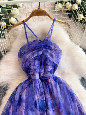 Electric purple floral mesh maxi dress with ruched bodice and tie straps.
