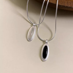 Geometric agate pendant necklace in silver with black or white stone options