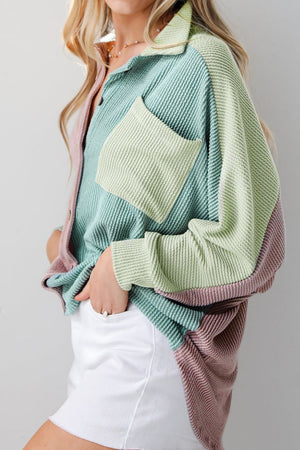 Waffle knit button-up shirt with colorblock panels in dusty pink, mint green, and light green.