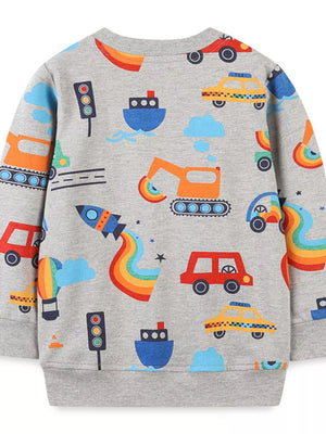 Toddler grey cotton crew neck sweatshirt with playful transportation all-over print.