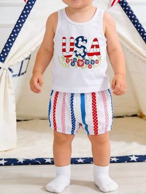 Baby girls' USA floral graphic tank top and striped shorts set
