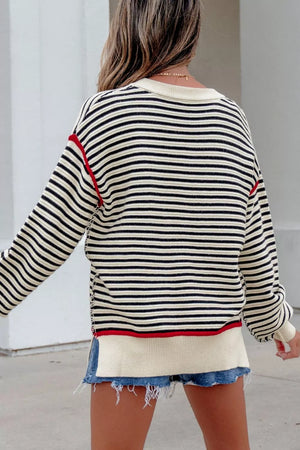 Stripe Ribbed Trim Drop Shoulder Oversized Sweater in Stripe, model styling view