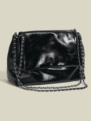 Black crinkled pu leather shoulder bag with chain strap
