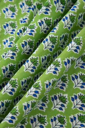 Green cotton tank top with blue and white floral print and square neckline