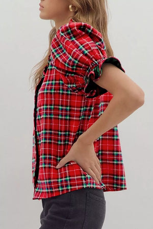 Plaid V Neck Ruffle Color Block Shirt in Rust, close-up detail