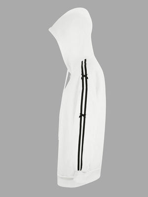 White zip-up hoodie with black stripes and bows on the sleeves.