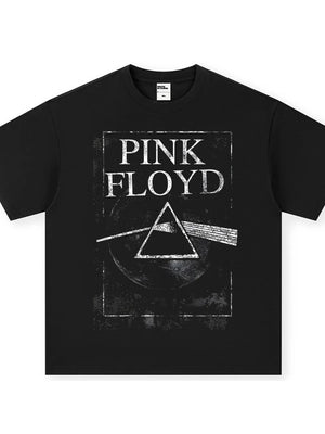 Black crew neck cotton blend t-shirt with Pink Floyd prism graphic
