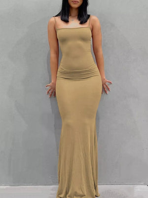 Camel spaghetti strap bodycon maxi dress with a square neckline.