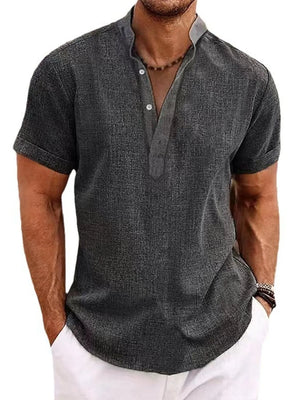 Dark Gray linen blend henley shirt with mandarin collar and button placket.