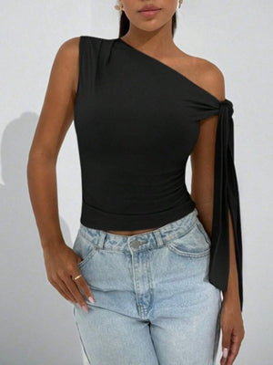 Black asymmetrical tie detail cropped blouse with one sleeve and tie detail.