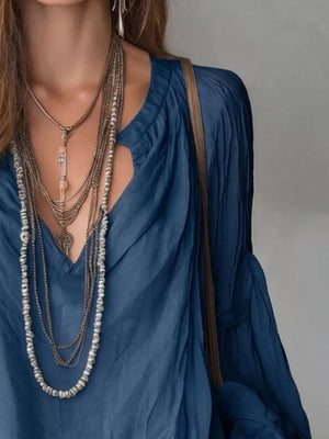 Notched Balloon Sleeve Blouse in Black, view 13