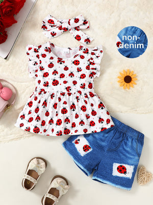 Baby girl's white ruffle sleeve top with ladybug print and blue denim shorts.