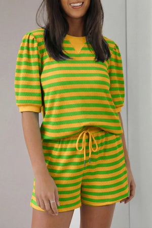 Green and yellow striped puff sleeve top and drawstring shorts set