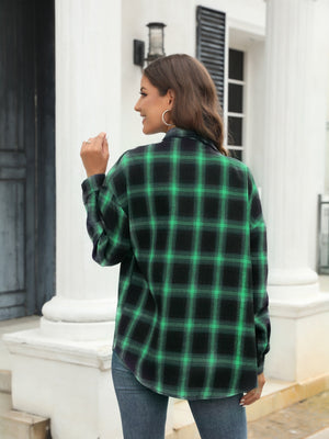 Plaid Perfection Pocket Shirt in dark green and black plaid, button-up style.