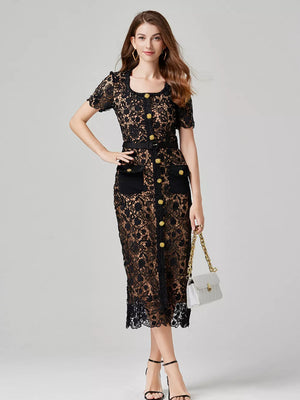 Black lace midi dress with button-down front, pockets, and gold button details.
