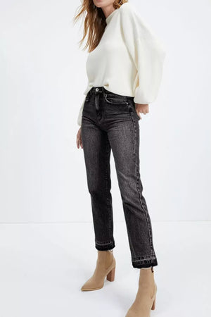 Maternity jeans in charcoal wash denim with distressed hem detail