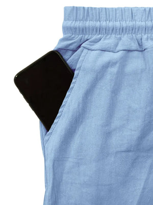 Light blue relaxed-fit cargo pants with drawstring waist and pocket detail.