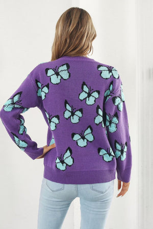 Purple acrylic crewneck sweater with allover light blue butterfly motif.