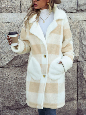 Beige checkered teddy coat with button front and large front pockets.