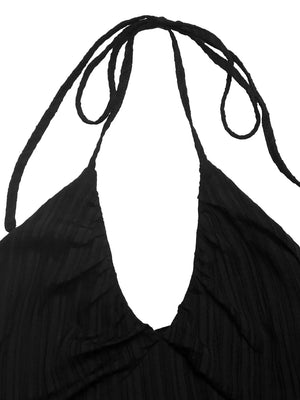 Black ruched halter maxi dress with deep V-neck and tie straps.