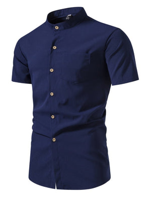 Men's dark blue cotton band collar button-up shirt with short sleeves and chest pocket.