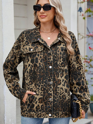Leopard print denim shacket with button front and chest pockets.