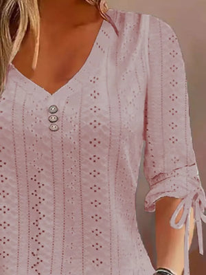 Full Size V-neck Eyelet Drawstring Sleeve Top in Pink, editorial view