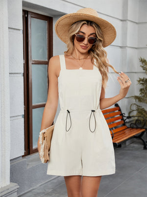 White square-neckline romper with drawstring waist and short legs