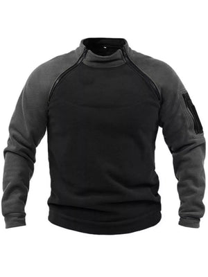 Men's black and gray fleece sweatshirt with zippered pockets and mock neck.