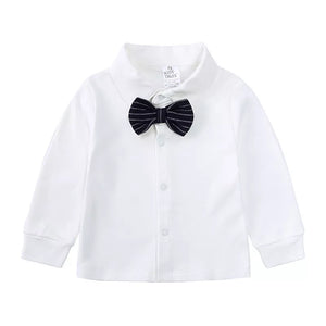 Baby white long sleeve shirt with a dark navy striped bow tie