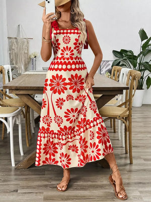 Charming Floral Tie-shoulder Midi Dress in red floral print with bow detail.