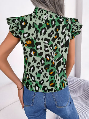 Green leopard print blouse with ruffled sleeves and mock neck