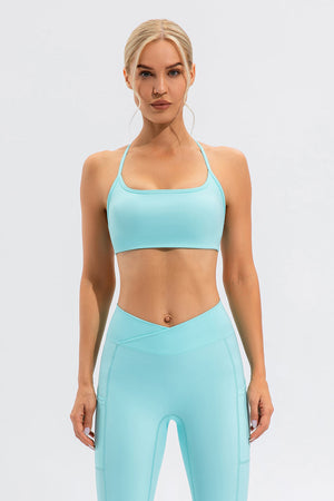 Aqua sports bra with crisscross back straps and square neckline