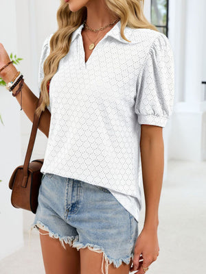 White eyelet collar top with puff sleeves and v-neck