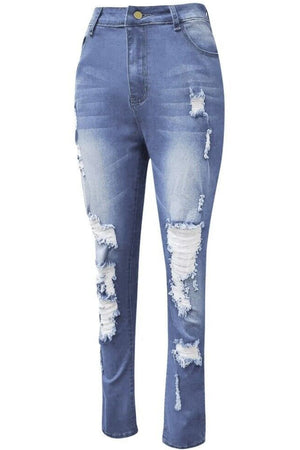 Light wash skinny jeans with ripped knees and button fly