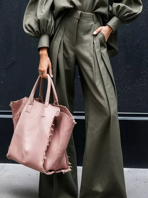 Chic army green lantern sleeve shirt and wide-leg pants set with pleated detail.