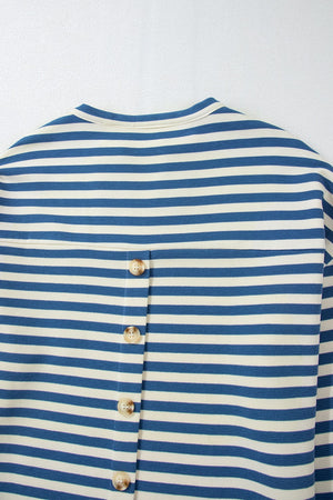 Peacock blue striped henley top with button detail on back
