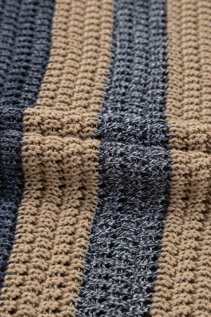 Open knit boxy tee with vertical stripes in tan and charcoal grey.