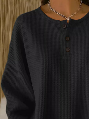 Full Size Waffle Knit Button Detail Top Plus Size in Orange, model styling view