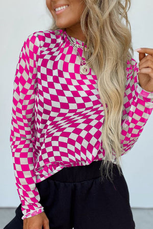 Optical Illusion Checkered Mesh Top in Hot Pink and White, long sleeve blouse with a crew neck.