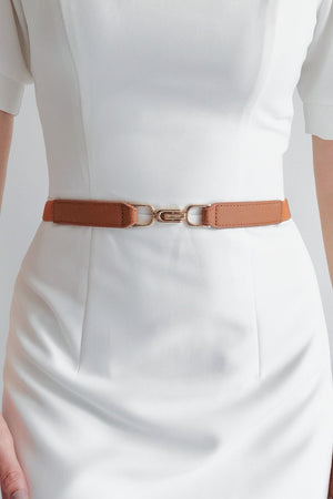 Caramel elasticated hook-clasp waist belt with gold-tone alloy buckle.