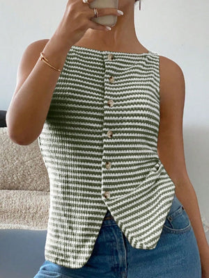 Textured stripe button-down tank top in moss green with a square neckline and button front.